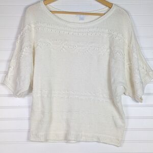 NY&C Sweater Beaded Cable Knit Batwing Dolman Cream Ivory 3/4 Sleeve Top M